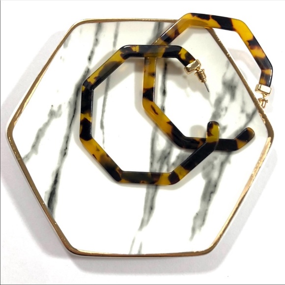 Dark Brown Tortoise Shell Large Hexagon Stud Hoops - Picture 7 of 8